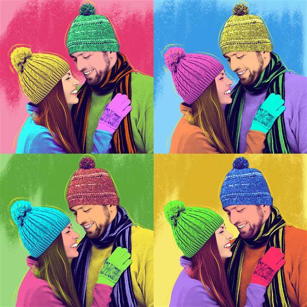 Pop Art 4 Panels of A Happy Couple with Winter Outfit and Hats from Their Photos