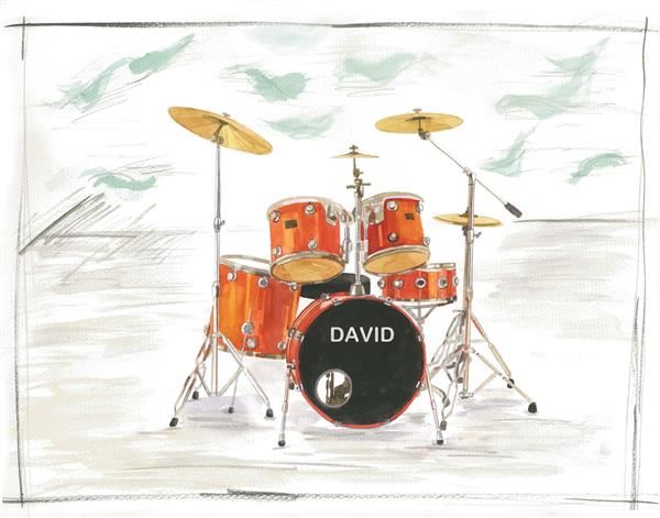 Personalized Drum Set Watercolor Print with Text