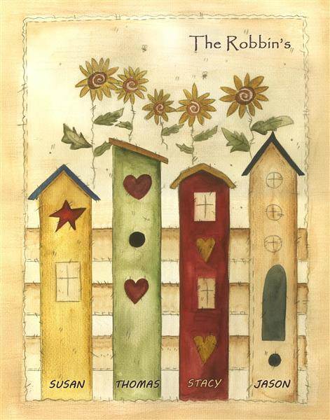 4 Bird Houses Watercolor Print with Custom Print,by myDaVinci