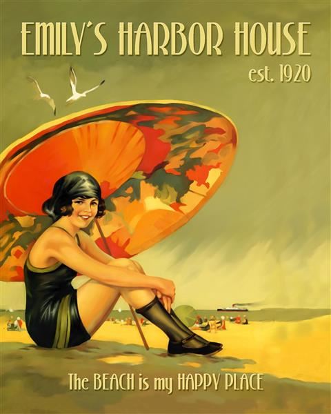 Beach Time Vintage Poster Custom Print with Text,by myDaVinci