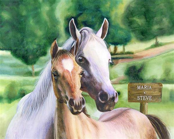 Two Horses Together Watercolor Print with Custom Text,by myDaVinci