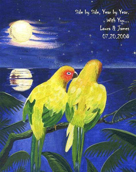 Evening Lovebirds - Watercolor Print with Custom Text for Anniversary