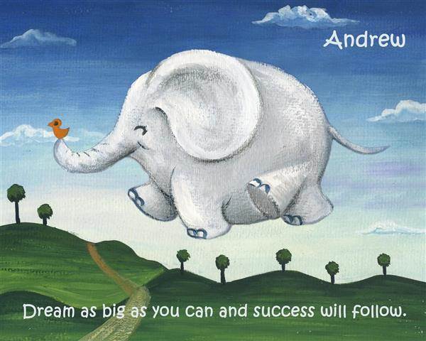 Flying Elephant Watercolor Print with Custom Text,by myDaVinci