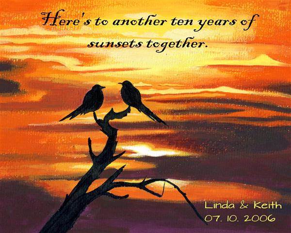 Pair of Birds at Sunset - Watercolor Print with Custom Text