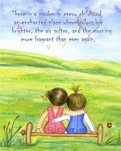 Two Little Girls Together in Summer Color Pencil Print with Custom Text,by myDaVinci