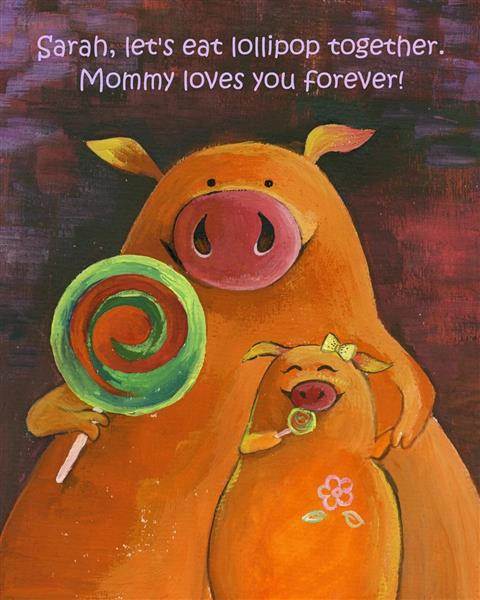 Happy Pig Family Custom Watercolor Print with Text