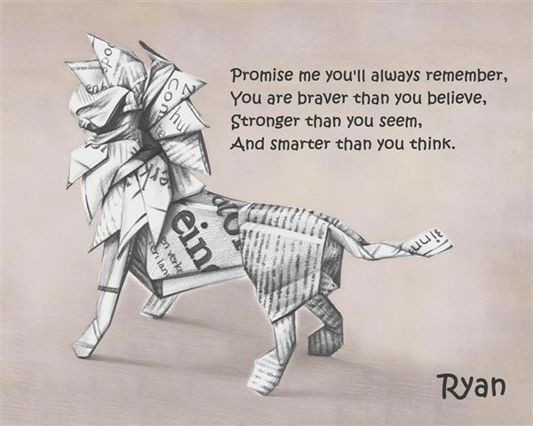 Origami Lion Pencil Sketch Print with Your Text,by myDaVinci