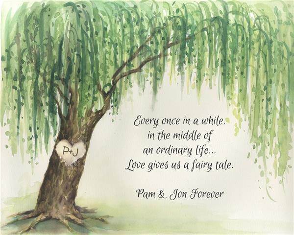 Watercolor Print of Weeping Willow with Custom Text for Wedding and Anniversary,by myDaVinci