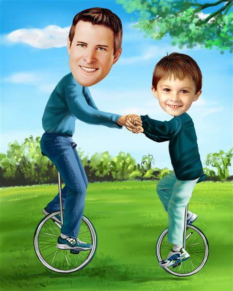 Father and Son Unicycles Caricature from Photos,by myDaVinci