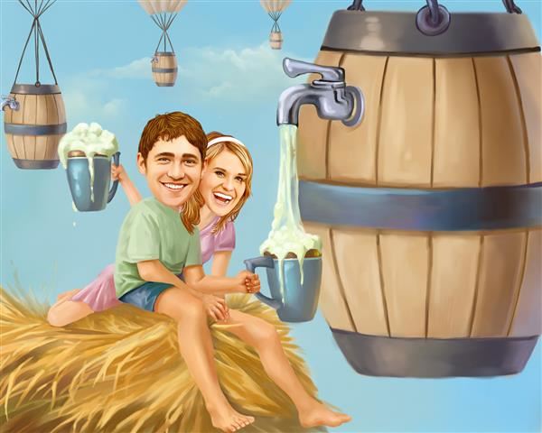 Couple Caricature Drinking Beer in Brewery,by myDaVinci