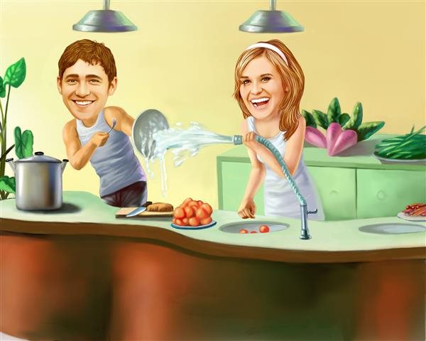 Kitchen Fun Couple Caricature from Photos,by myDaVinci