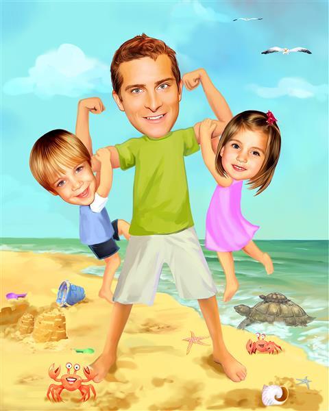 Dad and Kids on Beach Caricature from Photos