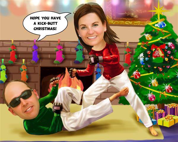 Custom Christmas Caricature of A Couple Playing Kung Fu by Fireplace at Home,by myDaVinci