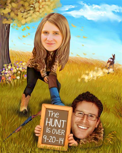 The Hunt Is Over Couple Caricature for Wedding Or Engagement,by myDaVinci