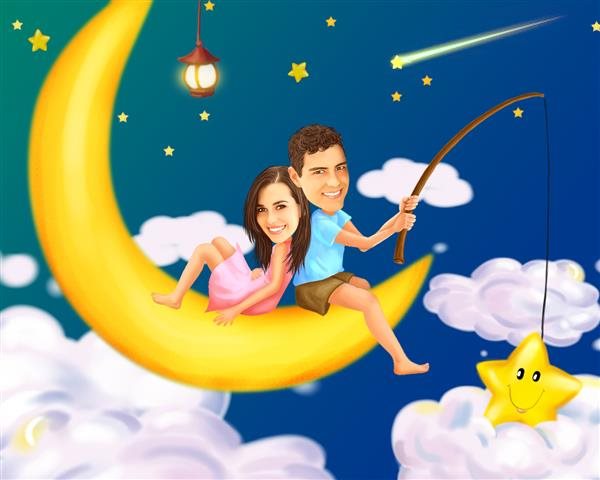 Fantasy Caricature of A Couple Sitting on the Moon,couple caricature,from Photos,by myDaVinci