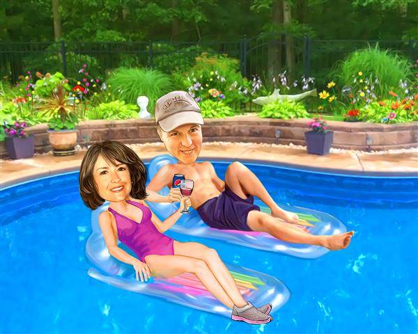 Custom Caricature of A Happy Couple on Pool Floats Cheering with Drink,by myDaVinci