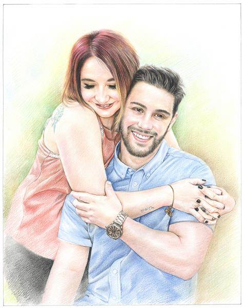 Color Pencil Drawing of A Young Couple Holds Each Other,from A Photo, by myDaVinci