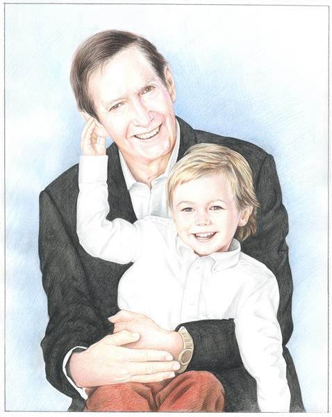 Hand Drawn Color Pencil Portrait of A Grandpa holding His Little Grandson,by myDaVinci