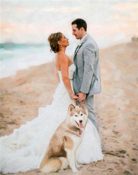 Oil Painting Giclee Of A Wedding Couple With A Dog By Sea from a Wedding Photo