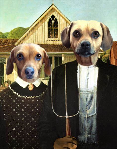 Personalized American Gothic Masterpiece of Two Little Brown Dogs,by myDaVinci