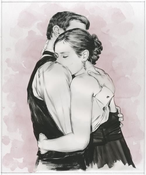 Hand Painted Ink Rendering Portrait of A Happy Couple Hugging