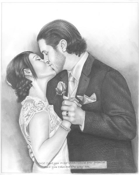 Hand Drawn Pencil Portrait of A Wedding Couple Kissing,by myDaVinci