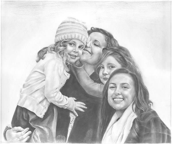 Hand Drawn Pencil Portrait Sketch of Family of 4 from A Holiday Photo,by myDaVinci