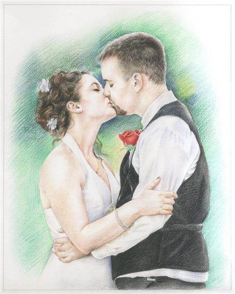 Hand Drawn Color Pencil Portrait of A Young Wedding Couple Kissing,by myDaVinci