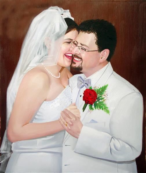 Hand Painted Custom Oil Painting Portrait of A Happy Wedding Couple Hugging and Smiling,by myDaVinci