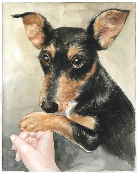Hand Painted Watercolor of A Black Dog Holding A Girl