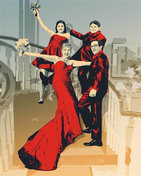 Propaganda Pop Art Wedding Portrait from photo, with 4 people on stairs