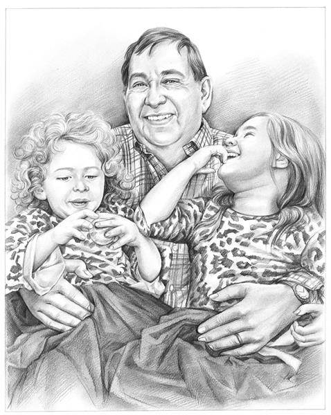 Hand Drawn Pencil Portrait of A Happy Grandpa with His Little Granddaughters Together,by myDaVinci