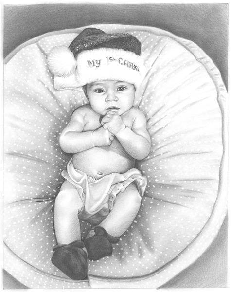 Hand Drawn Pencil Portrait of A Baby Lying in A Basket for Christmas Portrait,by myDaVinci | myDaVinci