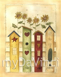 4 Bird Houses Watercolor Print with Custom Print