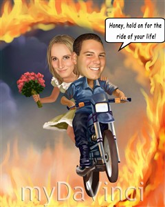 Couple Caricature Riding Motorcycle Through Ring of Fire Together from Photos
