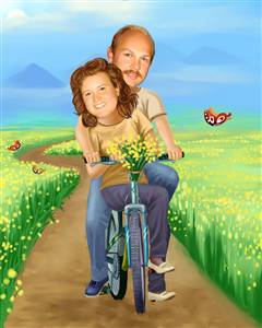 Couple Caricature from Photo - Riding Thru the Fields Together