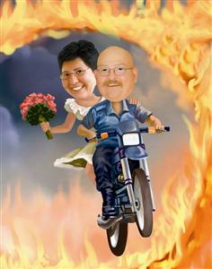 Couple Caricature Riding Motorcycle Through Ring of Fire Together from Photos