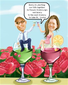 Wedding Couple Cheer with Wine Caricature from Photos