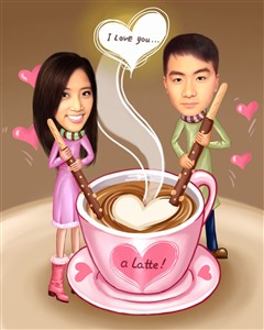 I Love You a Latte Couple Caricature from Photos