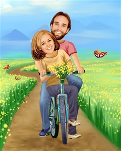 Couple Caricature from Photo - Riding Thru the Fields Together
