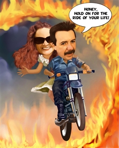 Couple Caricature Riding Motorcycle Through Ring of Fire Together from Photos