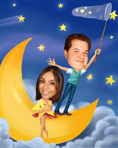 Couple on the Moon with Stars Caricature from Photos