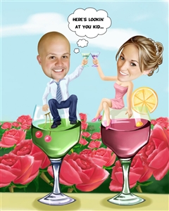 Wedding Couple Cheer with Wine Caricature from Photos