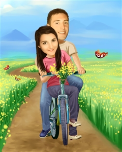 Couple Caricature from Photo - Riding Thru the Fields Together