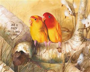 Summer Lovebirds - Watercolor Print with Custom Text for Anniversary