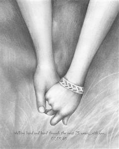 Pencil Art Print with Custom Text - Walking Hand in Hand Forever - For Wedding Anniversary