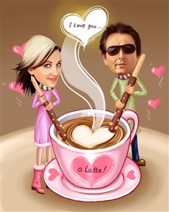 I Love You a Latte Couple Caricature from Photos
