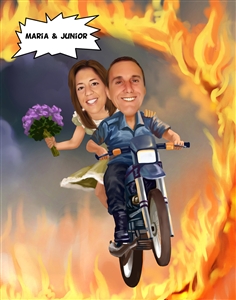 Couple Caricature Riding Motorcycle Through Ring of Fire Together from Photos