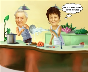 Kitchen Fun Couple Caricature from Photos