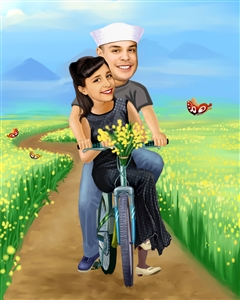 Couple Caricature from Photo - Riding Thru the Fields Together